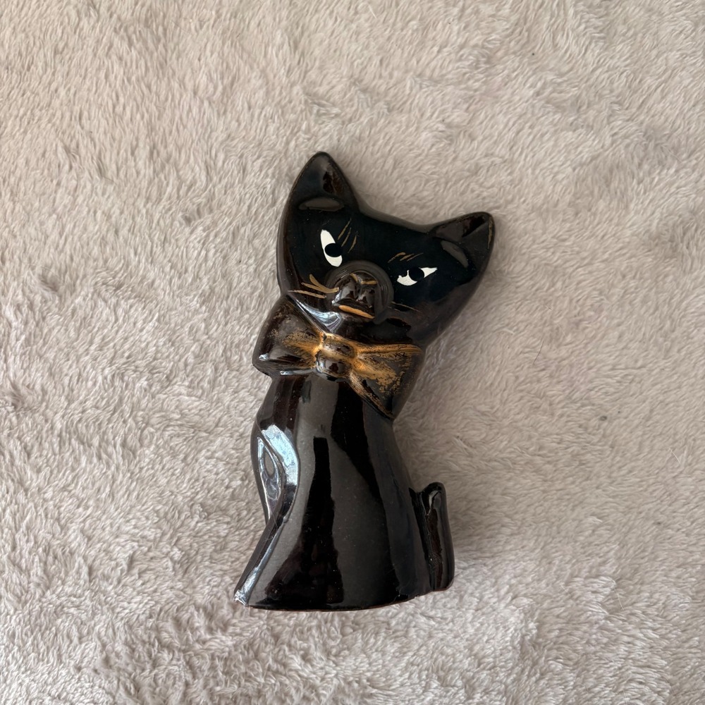 Vintage Mid Century Modern Black Ceramic Cat Figurine Gold Bow Tie Japan MCM